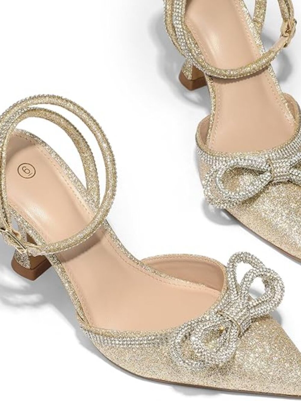 Women's Rhinestone Bow Pumps Wedding Dress Shoes Pointed Toe Ankle Strap Kitten